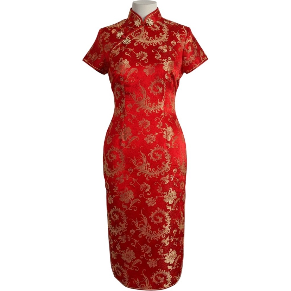 Golden Dragon Red Gold Floral Brocade Qipao Cheongsam Maxi Dress Womens Large